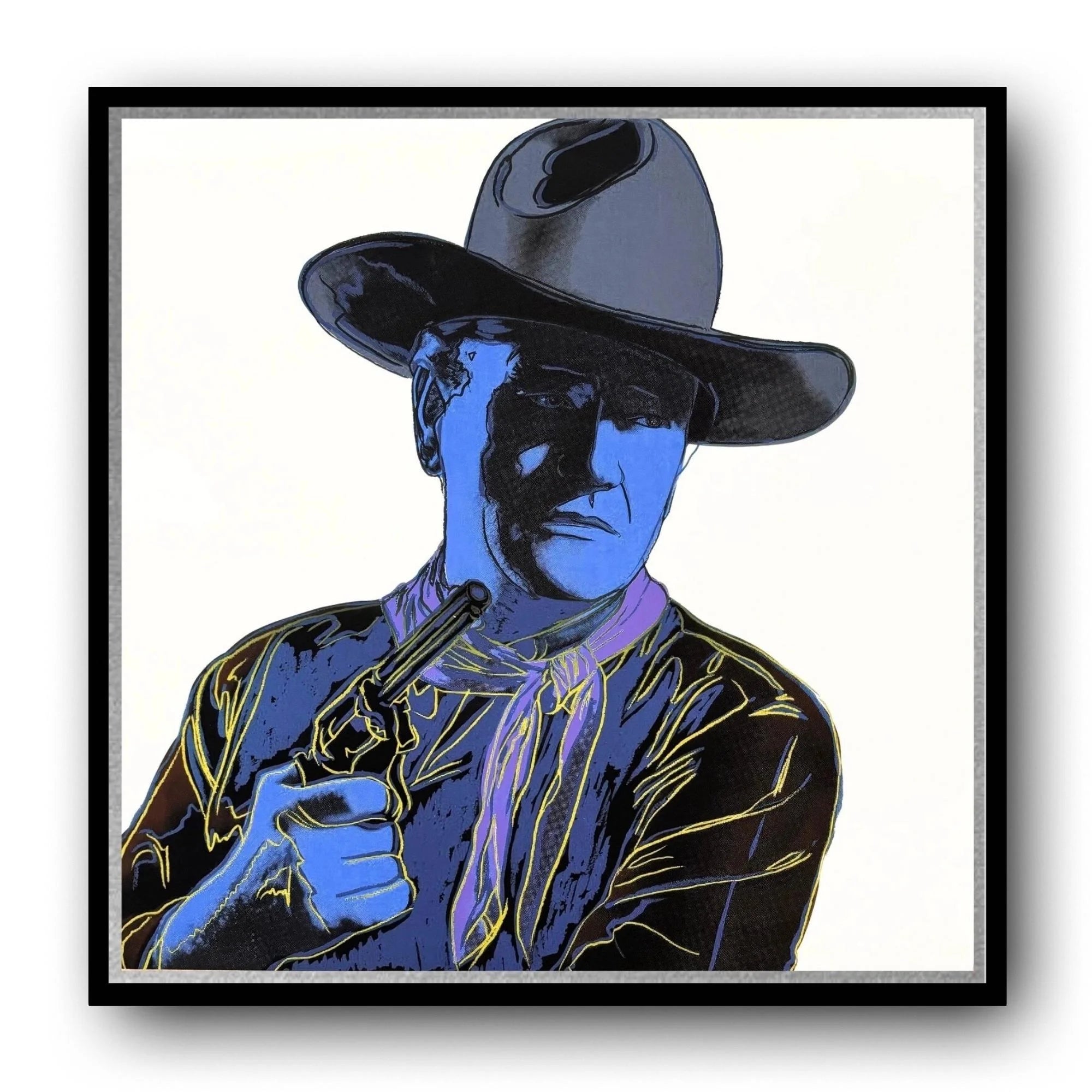 Framed artwork of a stylized cowboy holding a gun with a blue and black color scheme.
